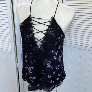 WAYF Women's floral Top Posie Strappy Ladies Camisole plunging black purple